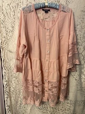 ROAMAN’S Lighted Tiered Peach Lace Trim Button  Down Tunic Top Size 14W